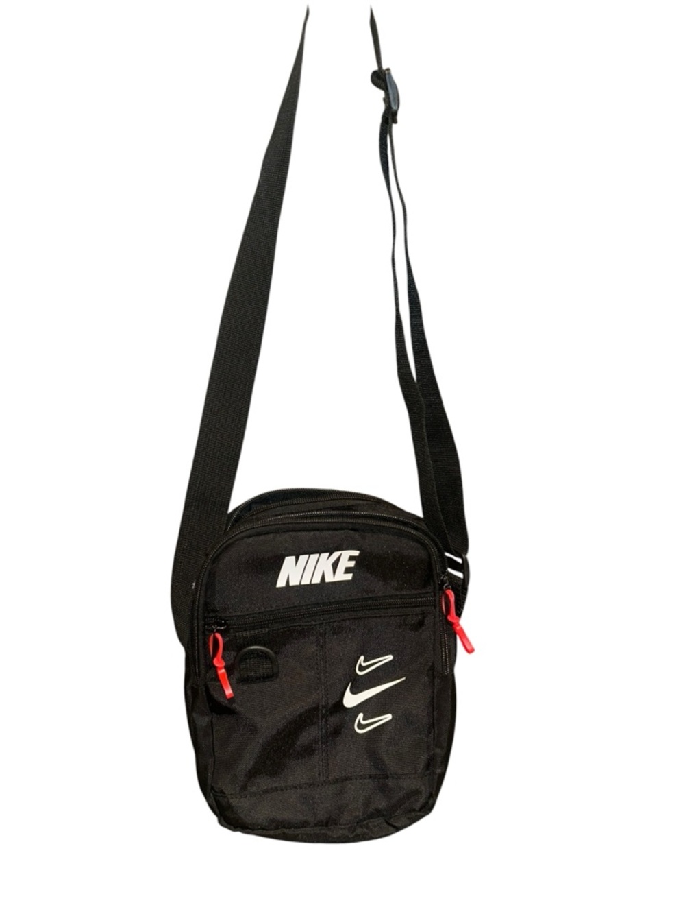 Nike Black Crossbody Bag with White Swooshes and Red Zipper Pulls